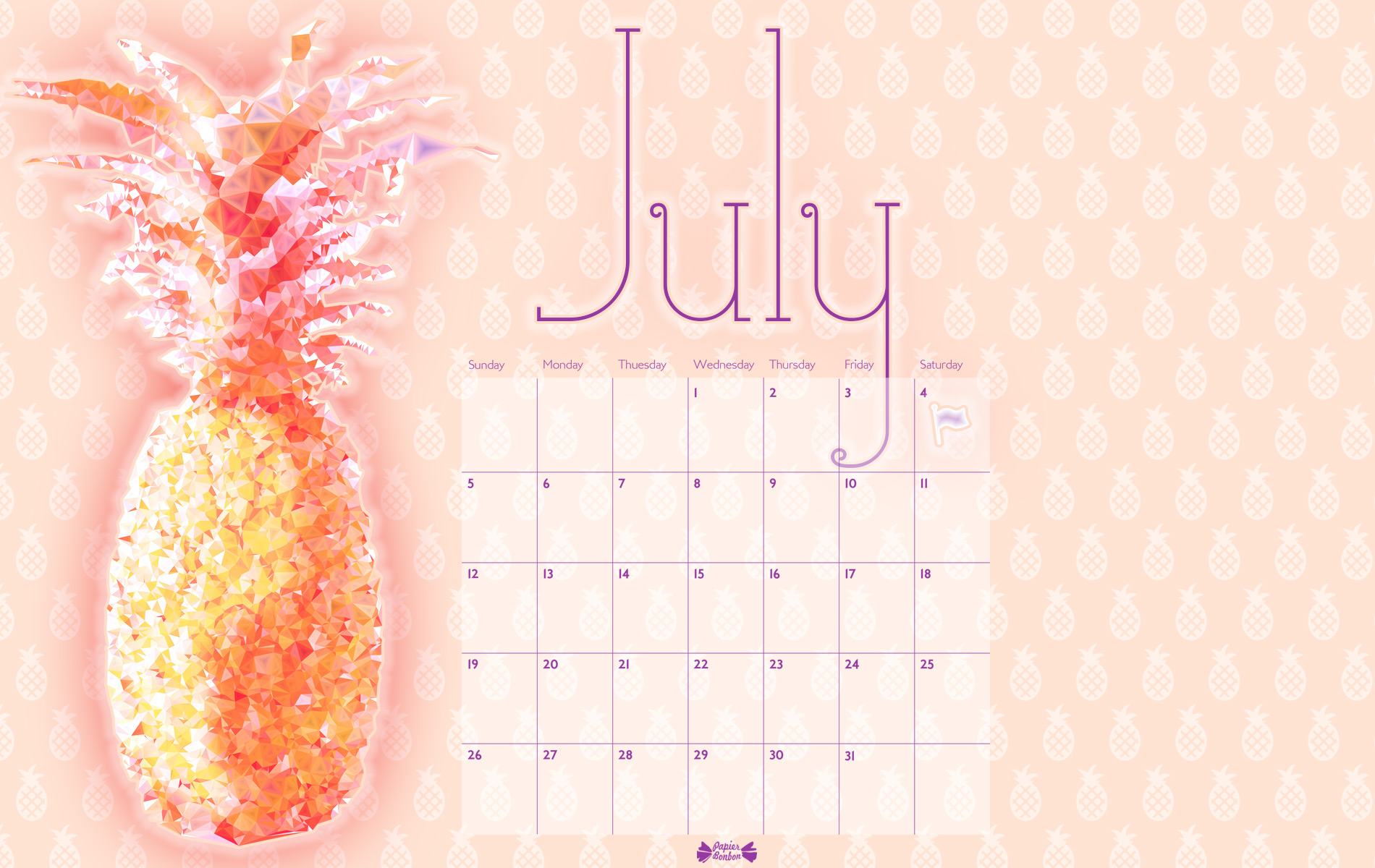 July printable calendar Pineapple ! Papier Bonbon