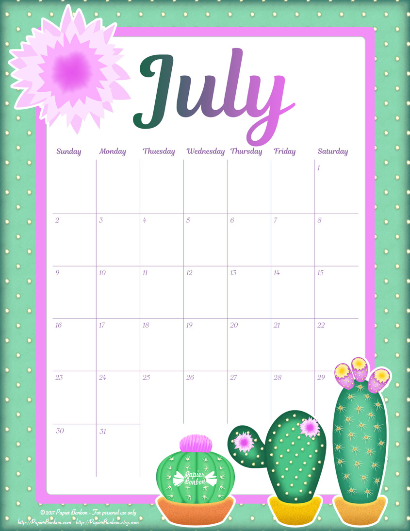 July Printable calendar with cactus Papier Bonbon