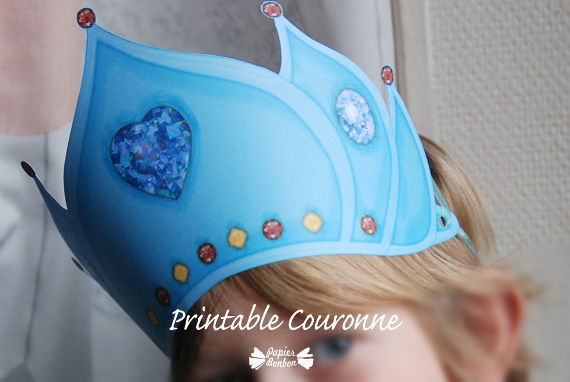 Couronne (printable) bleue givré avec diamant en coeur, pierres précieuses jaune et rouges - Style russe délicat