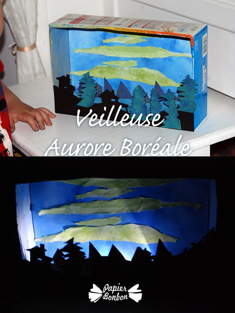 Veilleuse Aurore Boréale avec une boîte de céréale