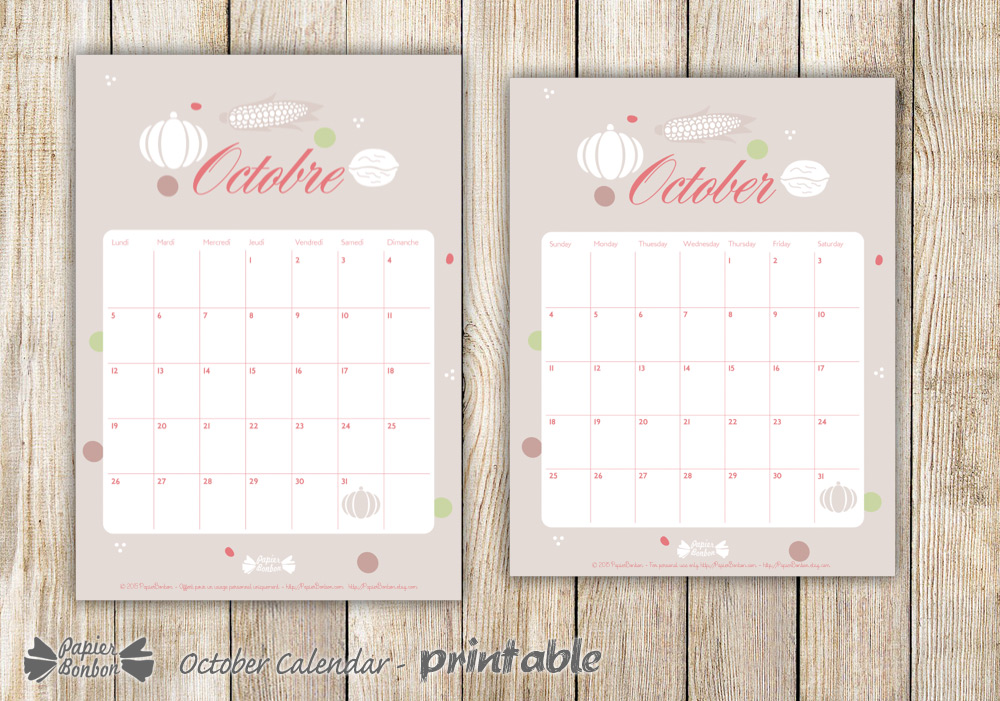 October 2015 Calendar - Papier Bonbon