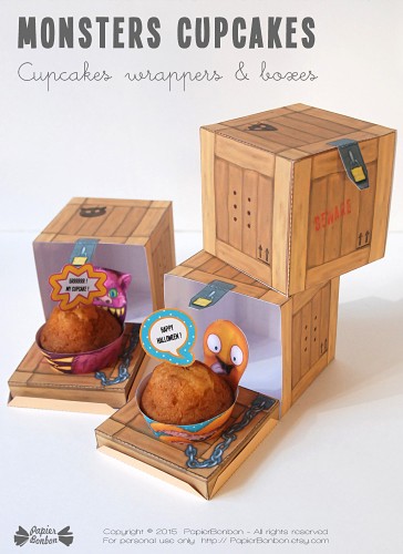 Monster cupcake: a printable kit to create cupcake boxes & funny monster wrappers