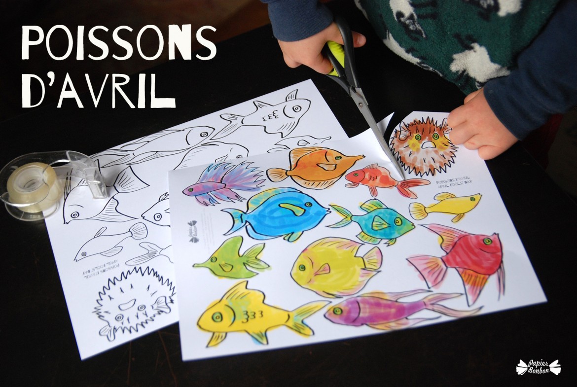 Printable et coloriage découpage de poissons d'Avril à accrocher dans les dos