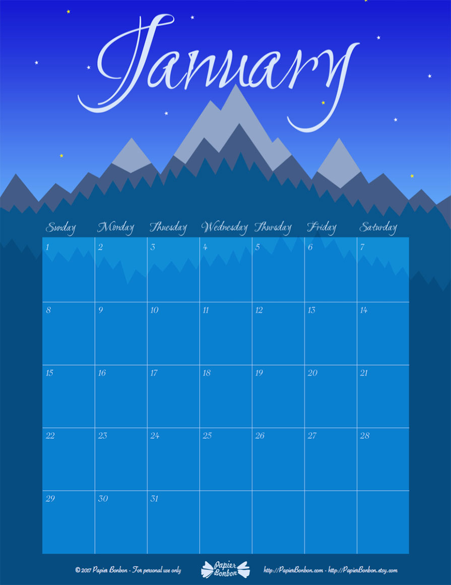 January 2017 Printable calendar Papier Bonbon