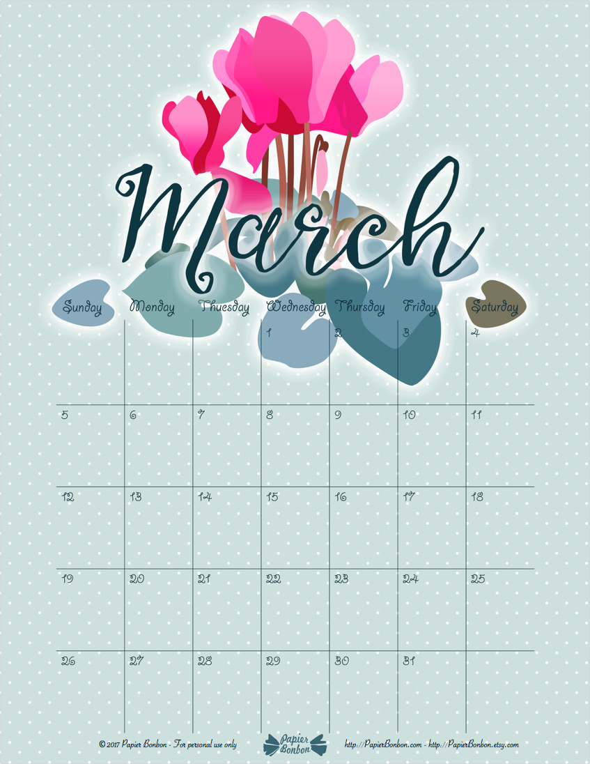 March printable Calendar Light & colors Papier Bonbon