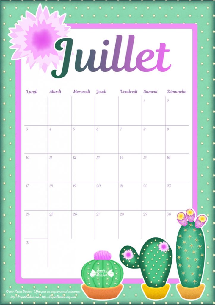 Cactus calendrier de juillet à imprimer