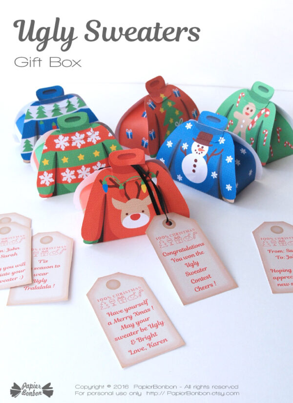 Boîtes cadeaux pull moche de Noël & etiquettes - Ugly Christmas sweater gift box & tags