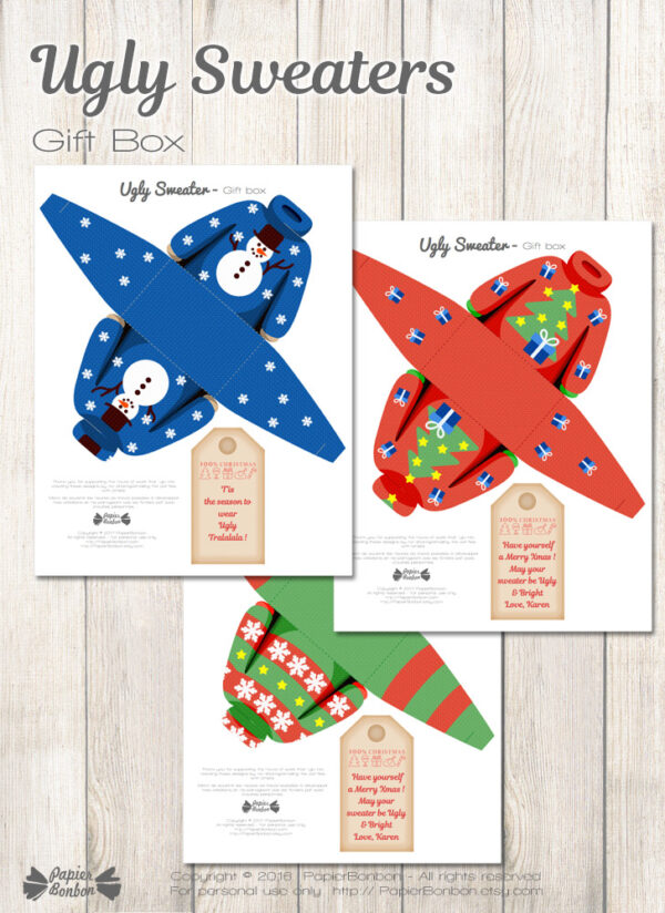 Boîtes cadeaux pull moche de Noël & etiquettes - Ugly Christmas sweater gift box & tags