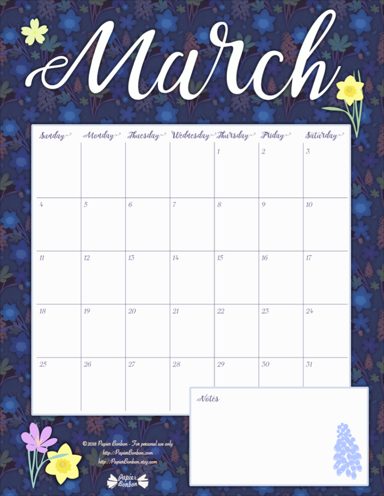March Printable Calendar Papier Bonbon