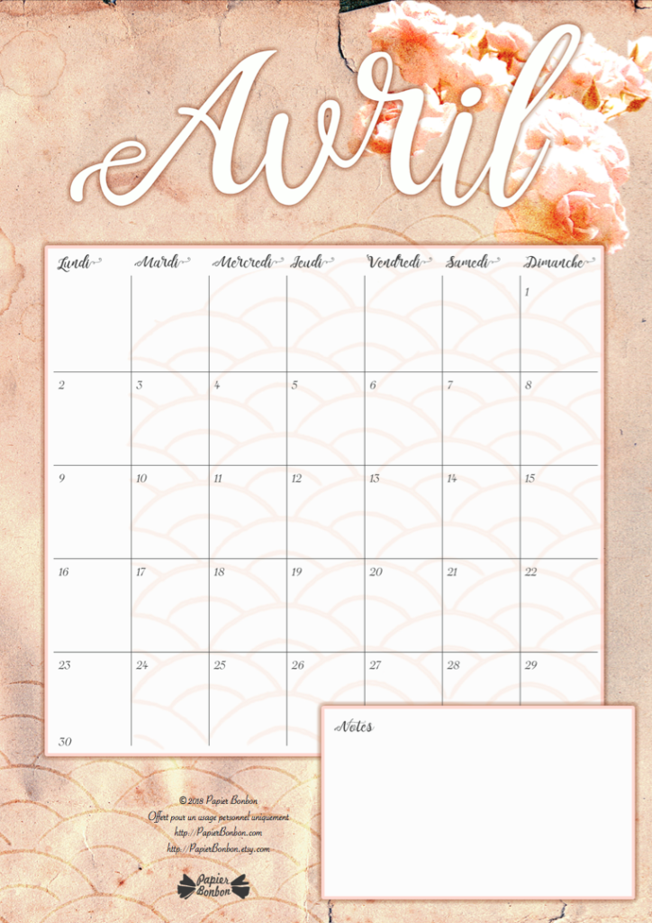 Calendrier avril 2018 à imprimer