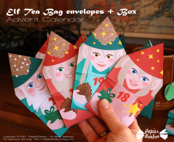Calendrier de l'Avent sachets de thé - Elfes du père Noël - elf teabag envelopes Advent Calendar