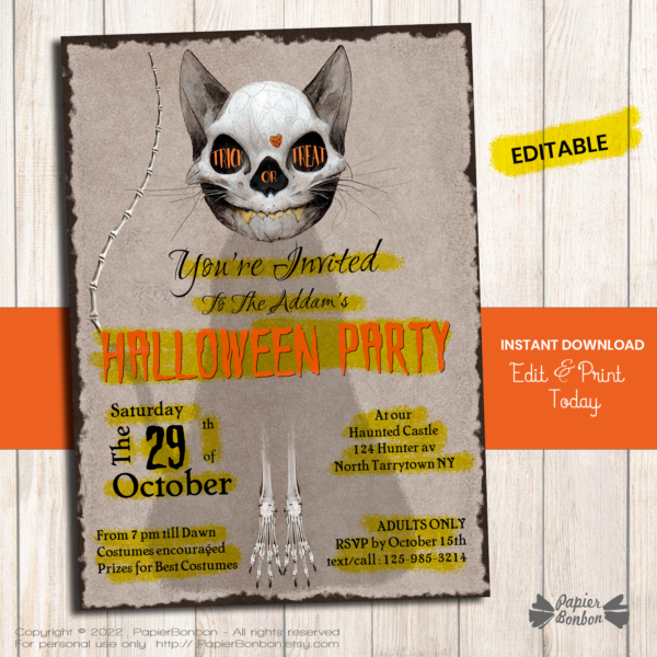 Carte d'invitation d'Halloween Chat squelette à personnaliser soi-même / Custom Halloween Skeleton Cat Invite