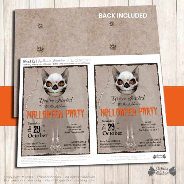 Carte d'invitation d'Halloween Chat squelette à personnaliser soi-même / Custom Halloween Skeleton Cat Invite 2 per page
